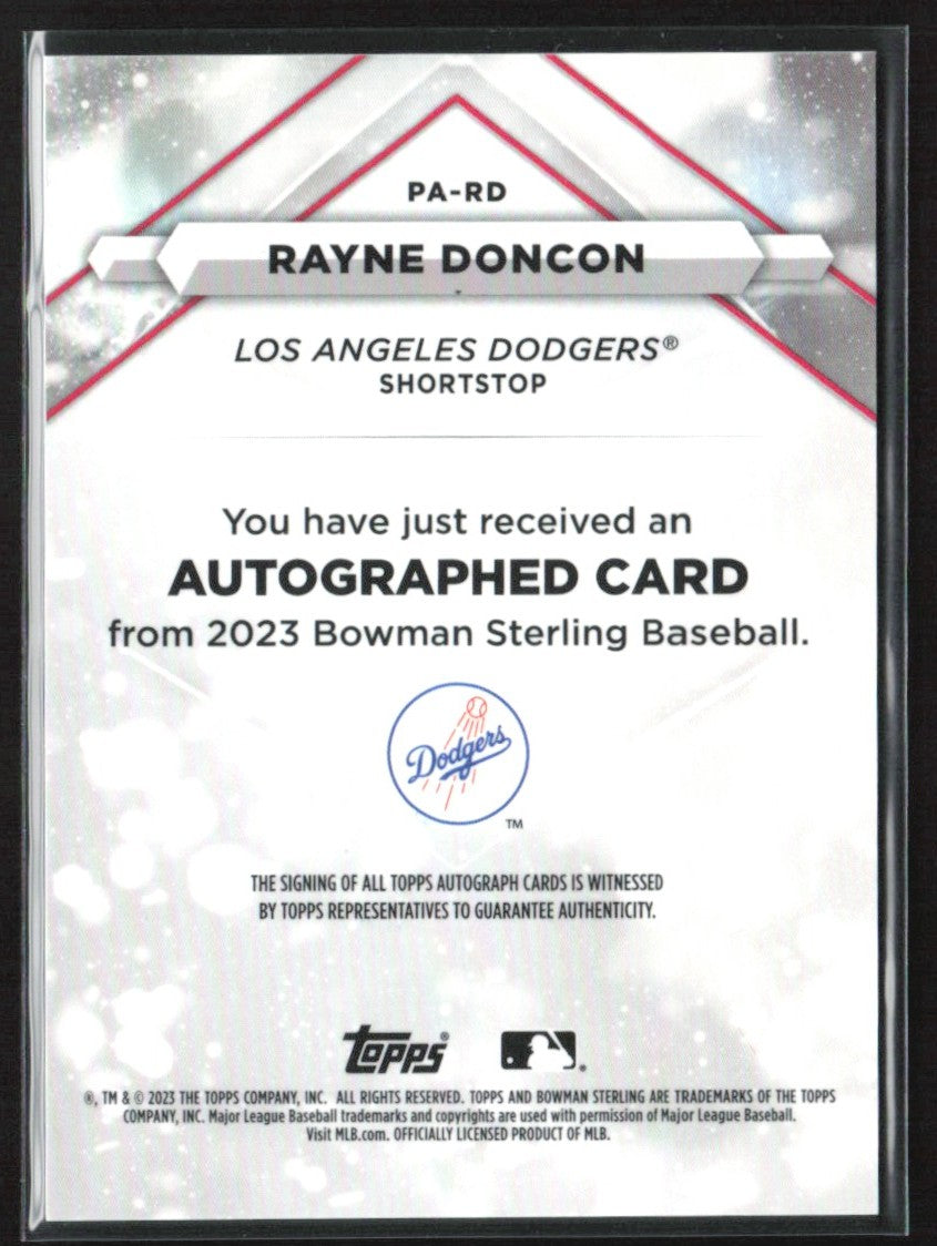 Rayne Doncon 2023 Bowman Sterling AUTO #PA-RD Los Angeles Dodgers