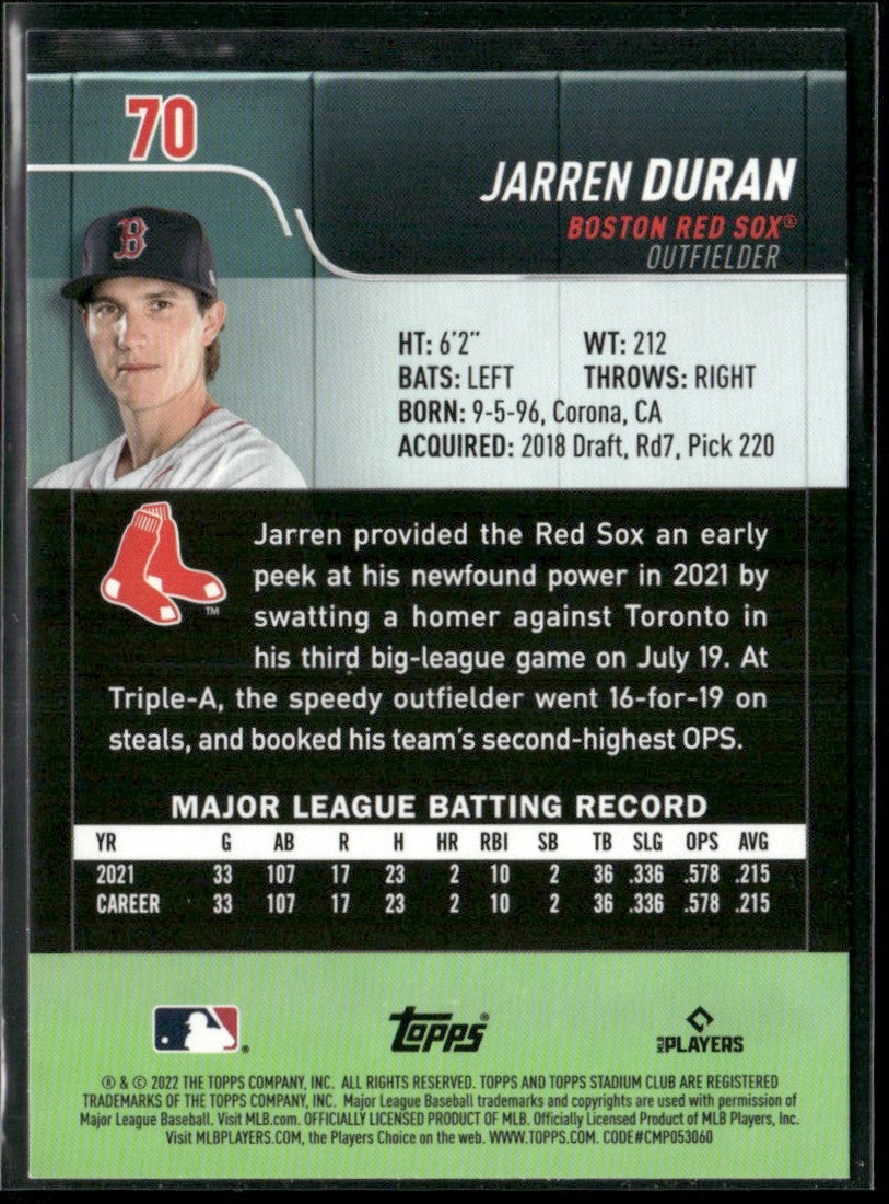 Jarren Duran 2022 Topps Stadium Club AUTO #70 Boston Red Sox