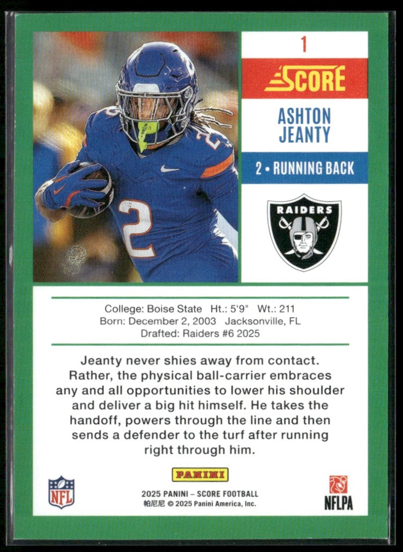 Ashton Jeanty 2025 Panini Score Emerged RC #1 Las Vegas Raiders