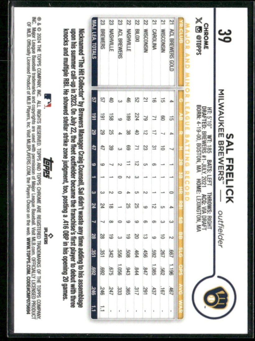 Sal Frelick 2024 Topps Chrome RC #39 Milwaukee Brewers