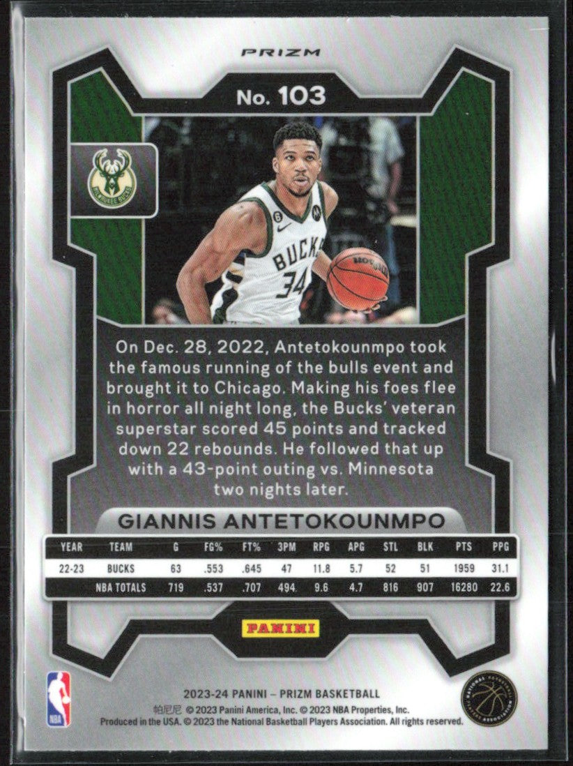 Giannis Antetokounmpo 2023 Panini Prizm Green #103 Milwaukee Bucks