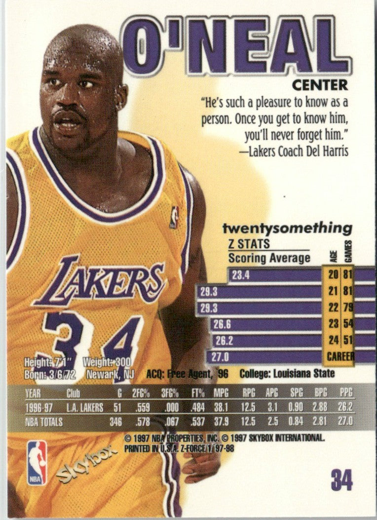 Shaquille O'Neal 1997 SkyBox Z-Force #34 Los Angeles Lakers