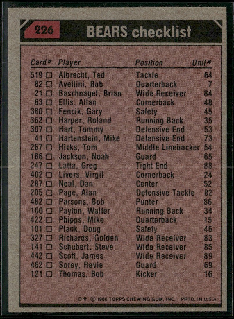Walter Payton 1980 Topps #226 Chicago Bears