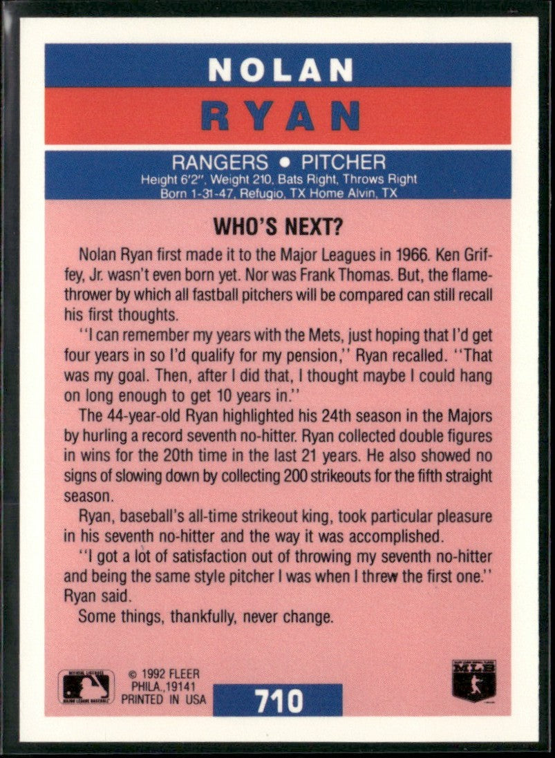 Nolan Ryan 1992 Fleer #710 Texas Rangers