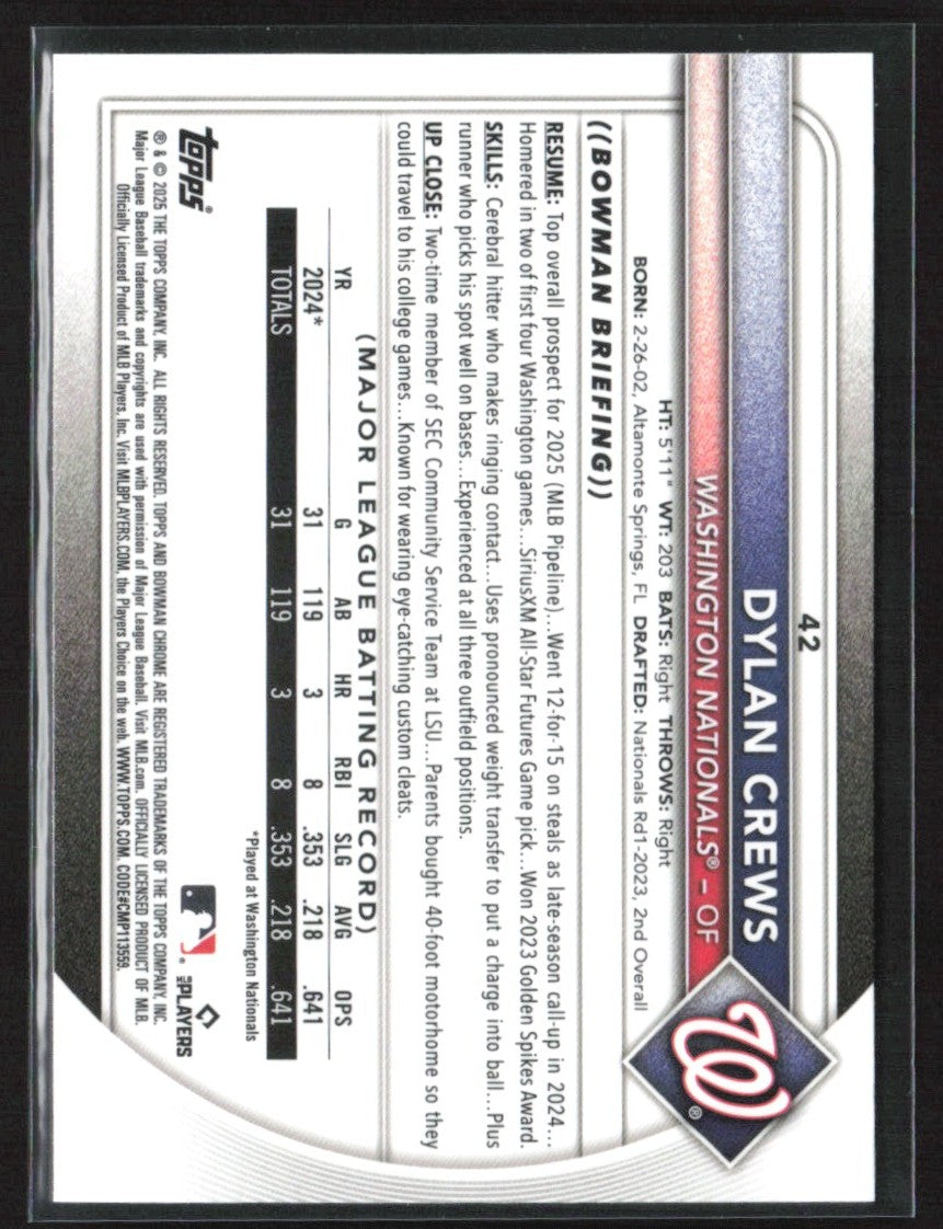 Dylan Crews 2025 Bowman Chrome Red Rookie Logo #42 Washington Nationals