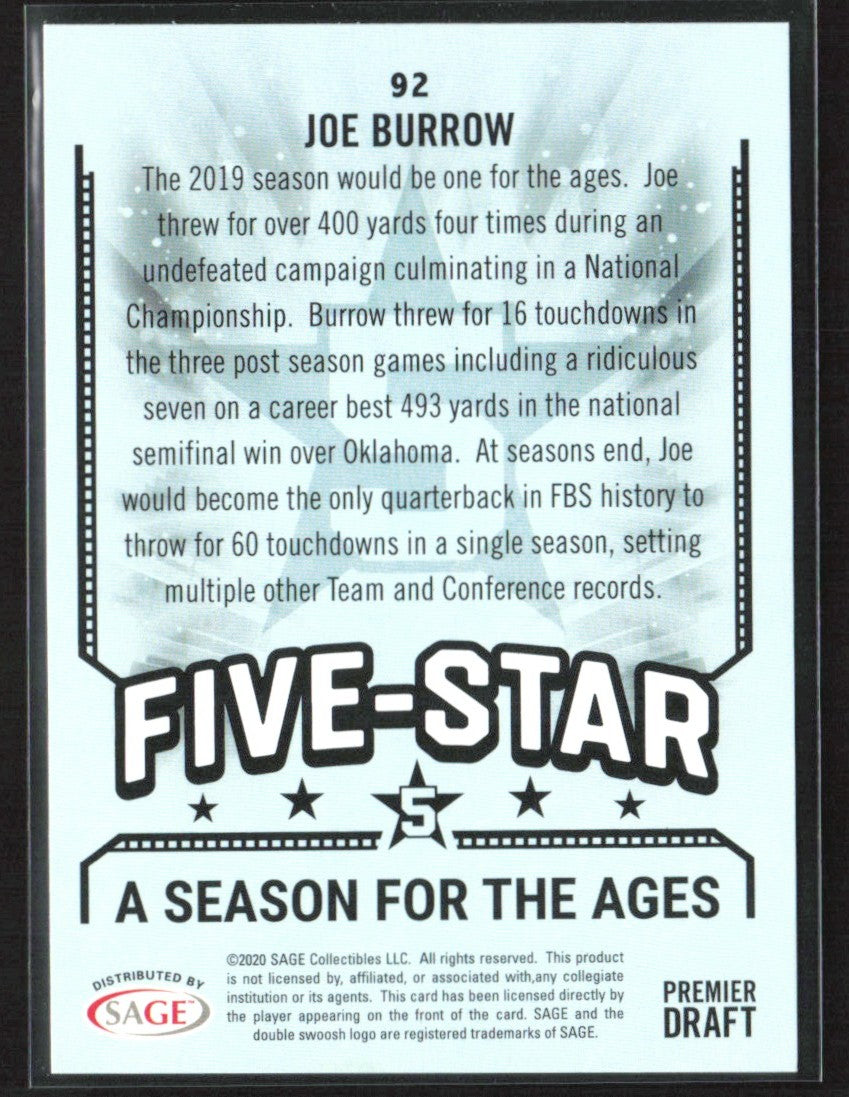 Joe Burrow 2020 SAGE HIT Five-Star Red RC #92 LSU Tigers