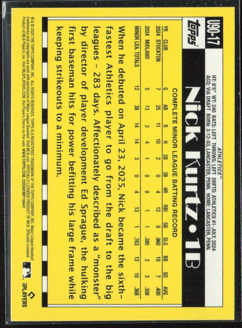 Nick Kurtz 2025 Topps 1990 Design RC #U90-17 Athletics