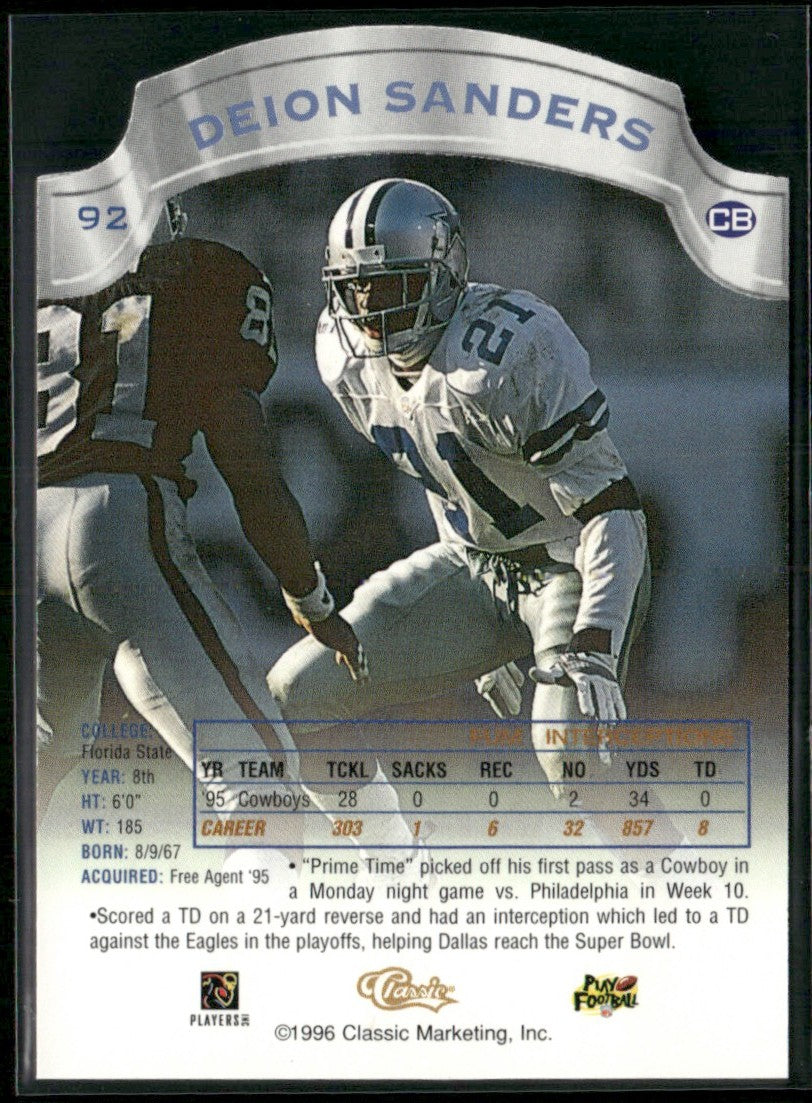 Deion Sanders 1996 Pro Line DC Classic #92 Dallas Cowboys