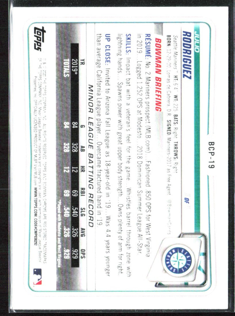 Julio Rodriguez 2020 Bowman Chrome #BCP-19 Seattle Mariners