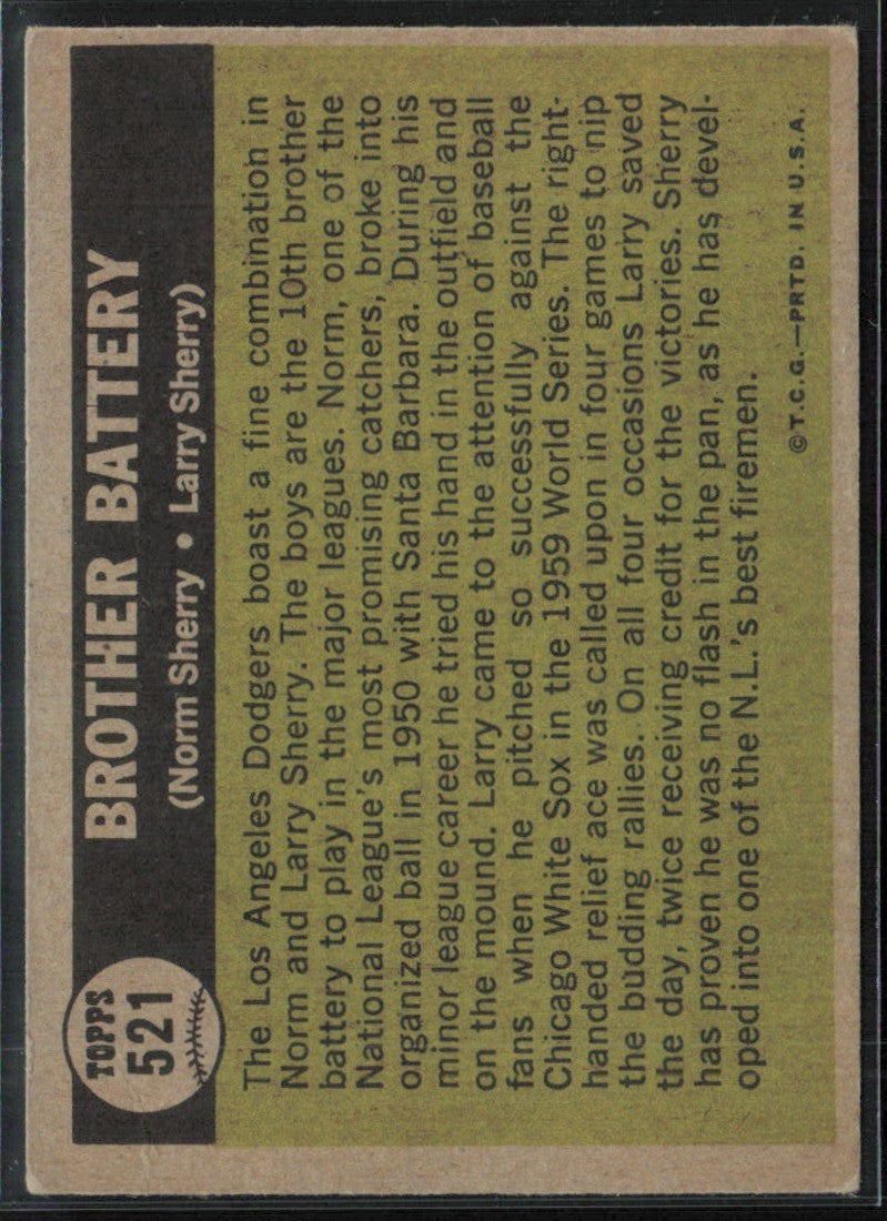 Brother Battery (Norm Sherry/Larry Sherry) 1961 Topps #521.0 Los Angeles Dodgers