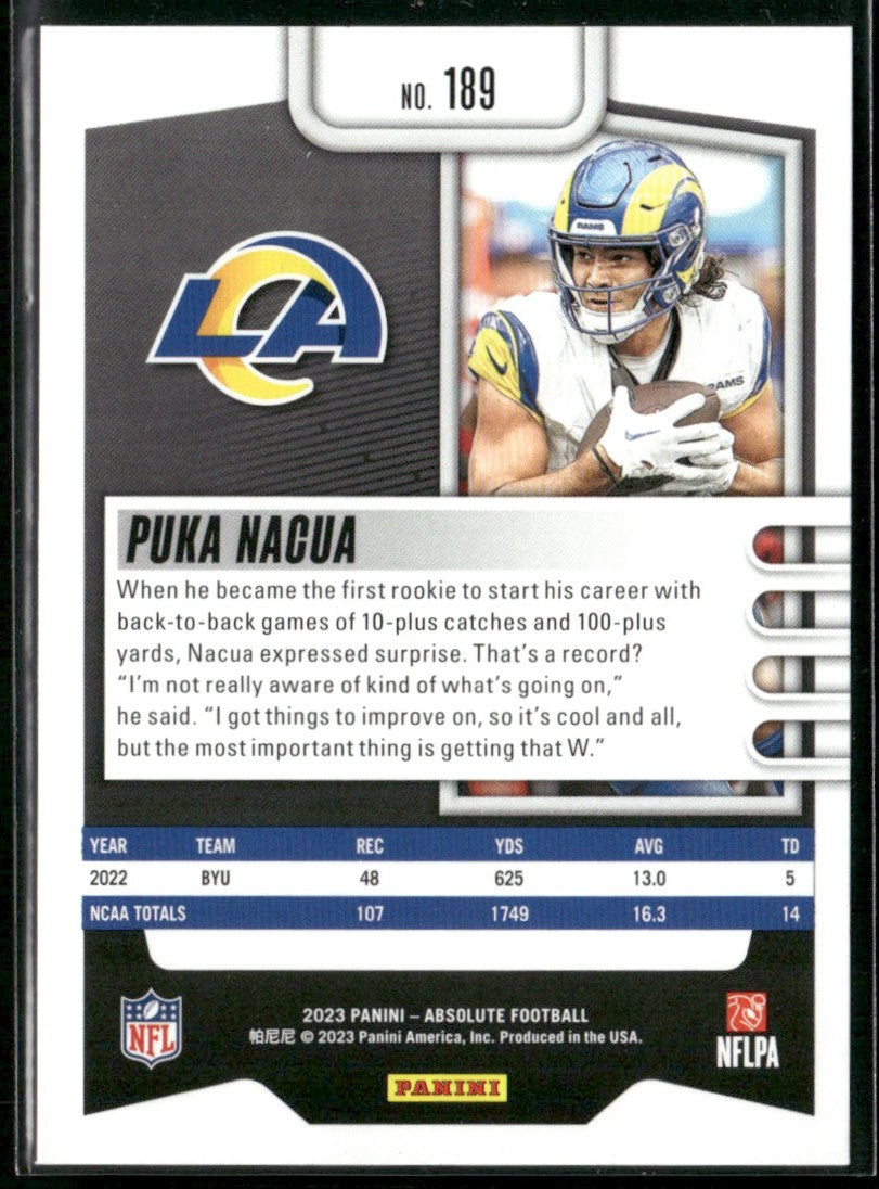 Puka Nacua 2023 Panini Absolute Blue RC #189 Los Angeles Rams