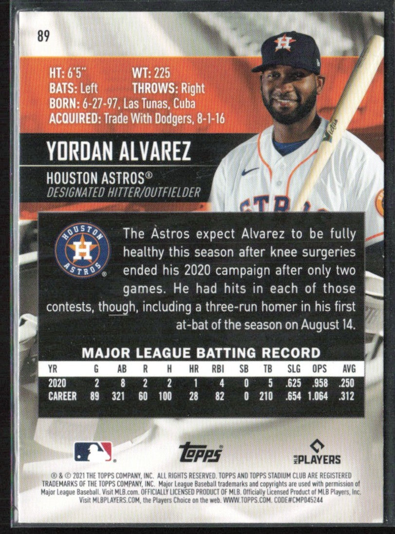 Yordan Alvarez 2021 Topps Stadium Club Black Foil #89 Houston Astros