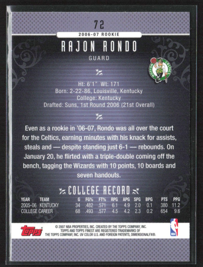 Rajon Rondo 2006 Topps Finest RC #72 Boston Celtics