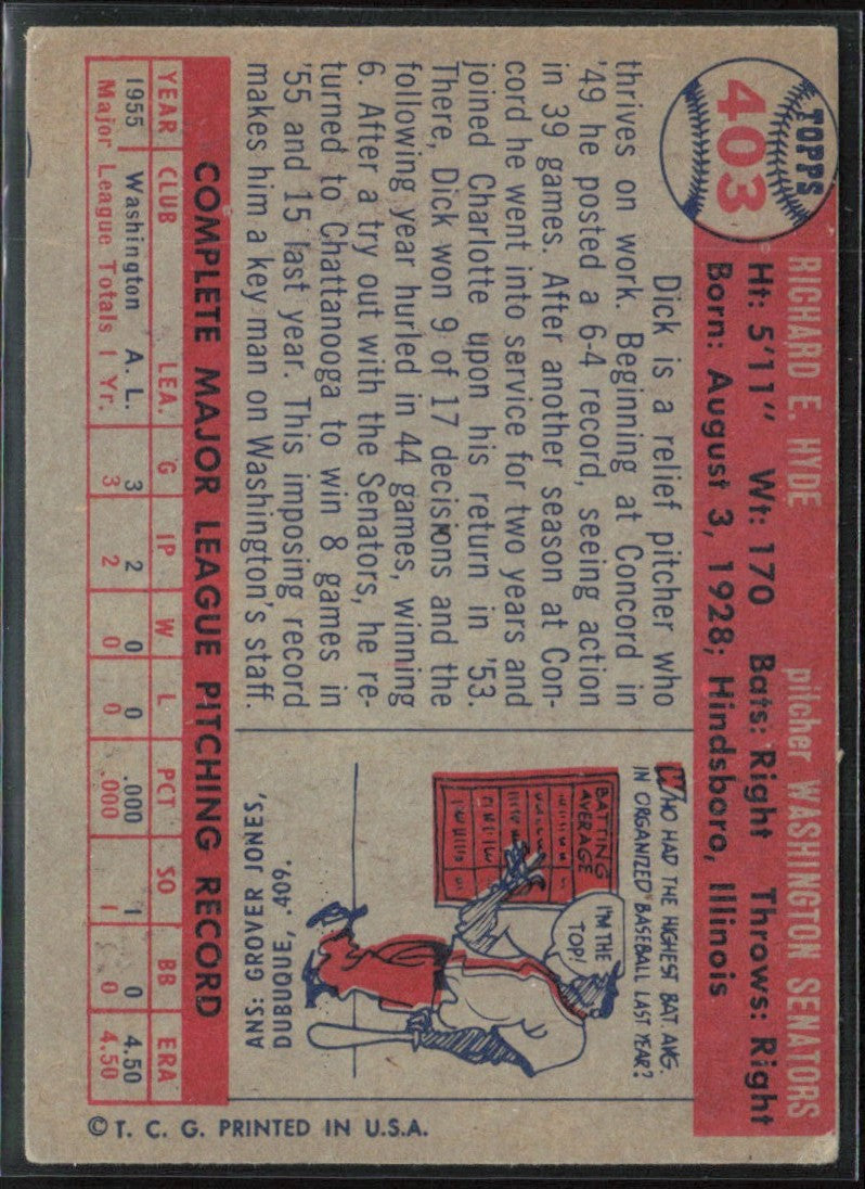 Dick Hyde 1957 Topps RC #403 Washington Senators