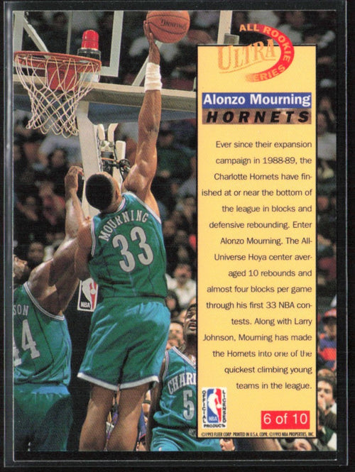 Alonzo Mourning 1993 Fleer Ultra All Rookie Series #6 Charlotte Hornets