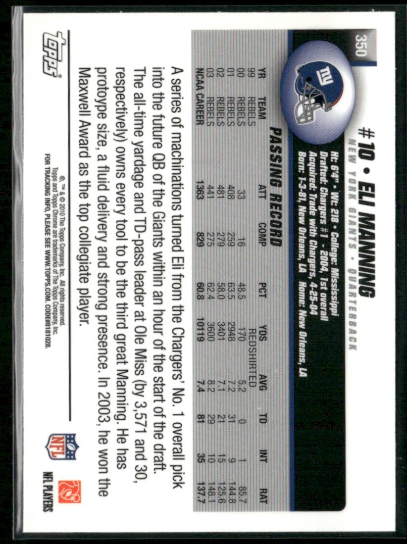 Eli Manning 2010 Topps Chrome RC #350 New York Giants