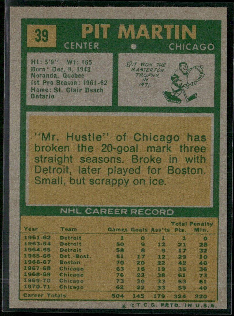 Pit Martin 1971 Topps #39 Chicago Blackhawks