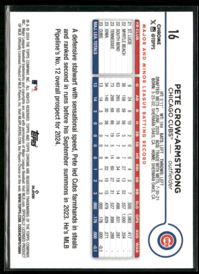 Pete Crow-Armstrong 2024 Topps Chrome RC #16 Chicago Cubs