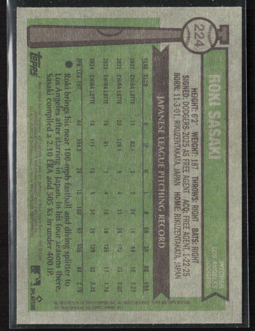 Roki Sasaki 2025 Topps Heritage RC #224 Los Angeles Dodgers