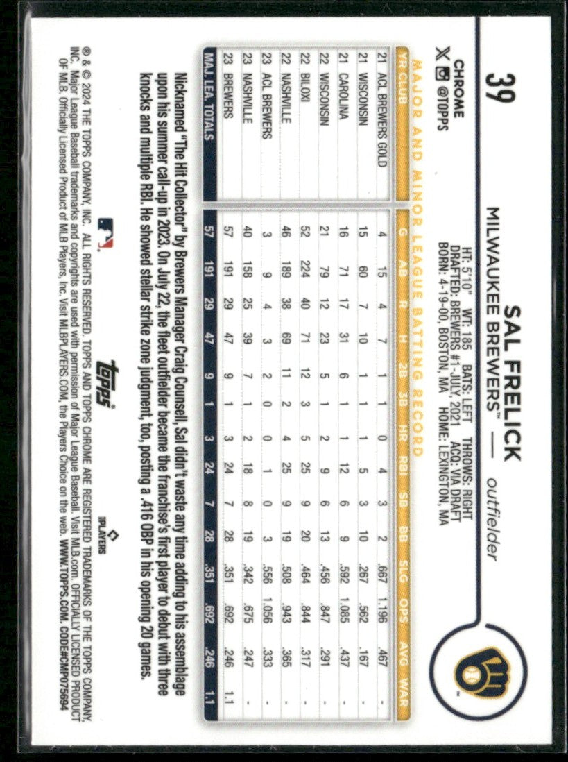 Sal Frelick 2024 Topps Chrome RC #39 Milwaukee Brewers