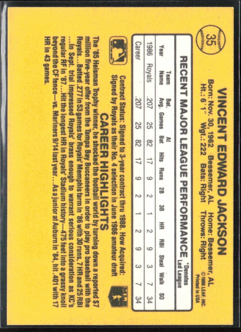 Bo Jackson 1987 Donruss RC #35 Kansas City Royals