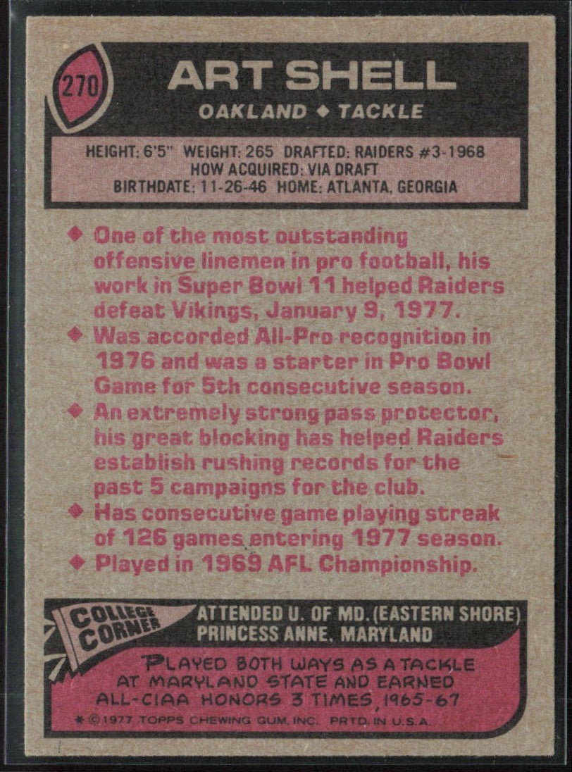 Art Shell 1977 Topps #270 Oakland Raiders