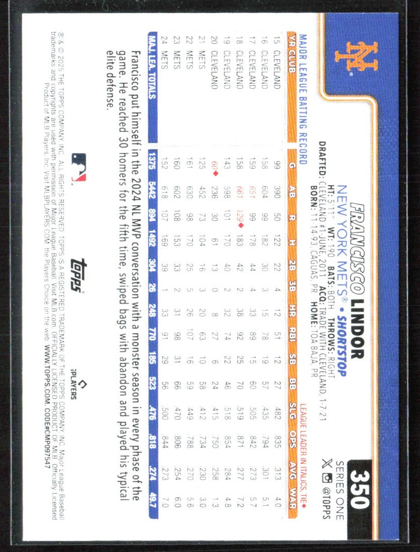Francisco Lindor 2025 Topps Diamante Foil #350 New York Mets