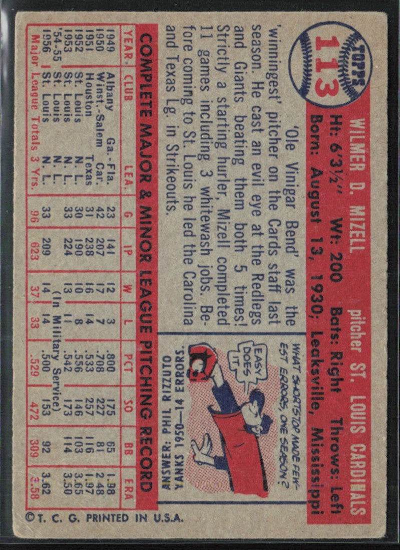 Wilmer Mizell 1957 Topps #113 St. Louis Cardinals
