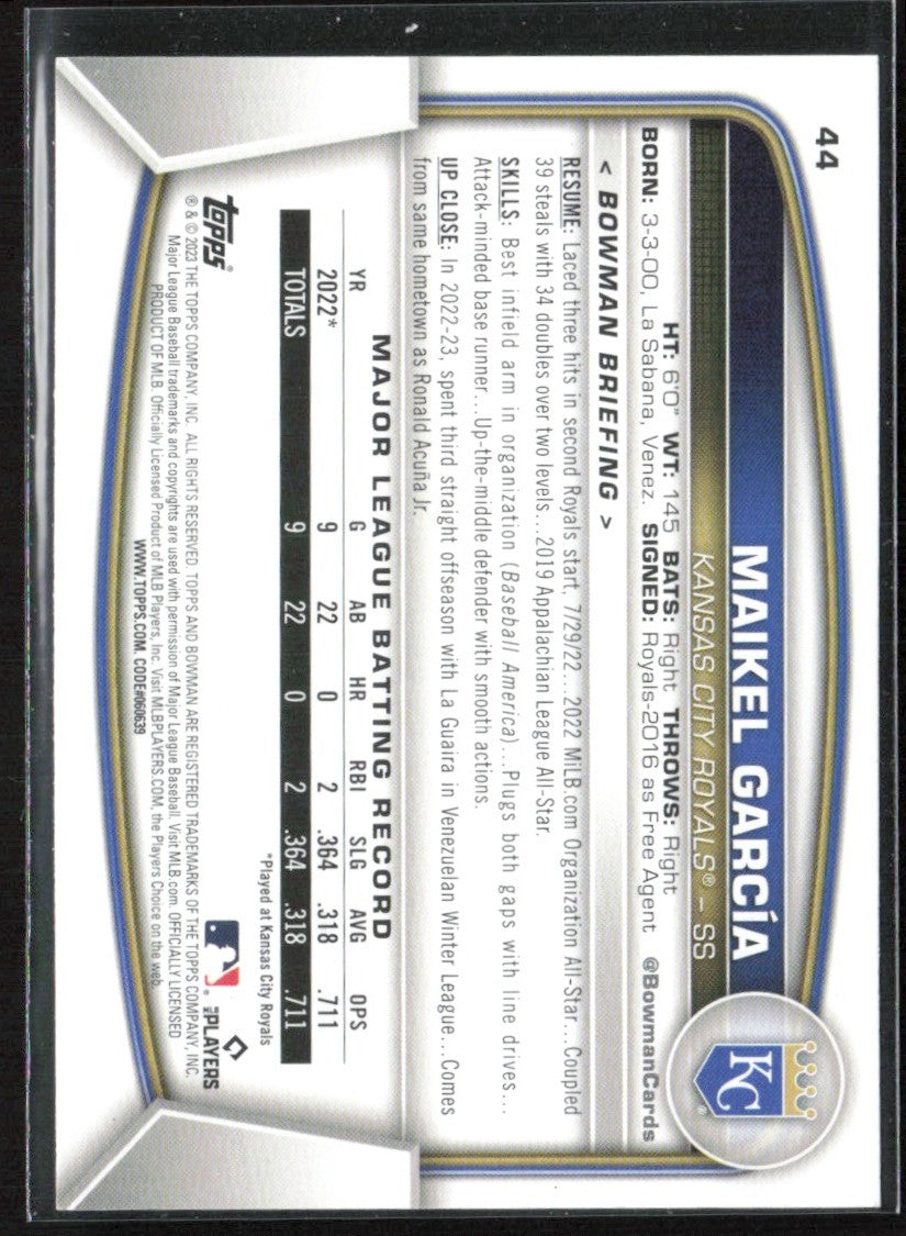 Maikel Garcia 2023 Bowman RC #44 Kansas City Royals