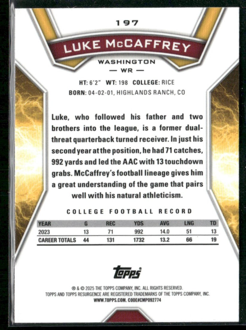 Luke McCaffrey 2024 Topps Resurgence RC #197 Washington Commanders