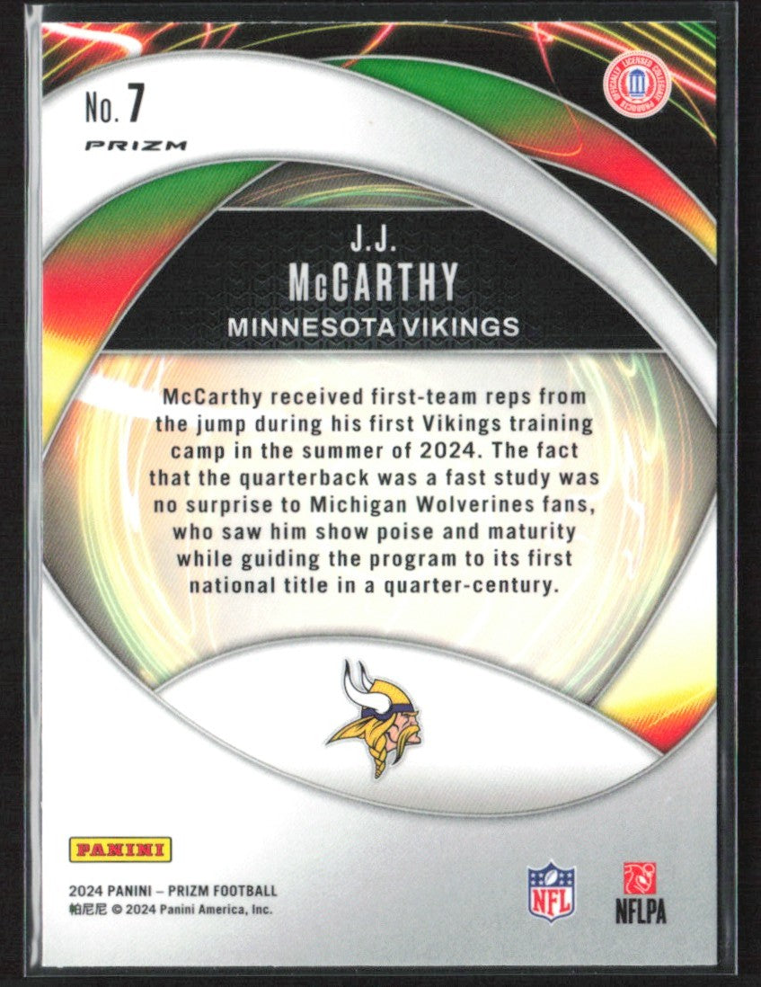 J.J. McCarthy 2024 Panini Prizm Portals Green Wave RC #7 Minnesota Vikings