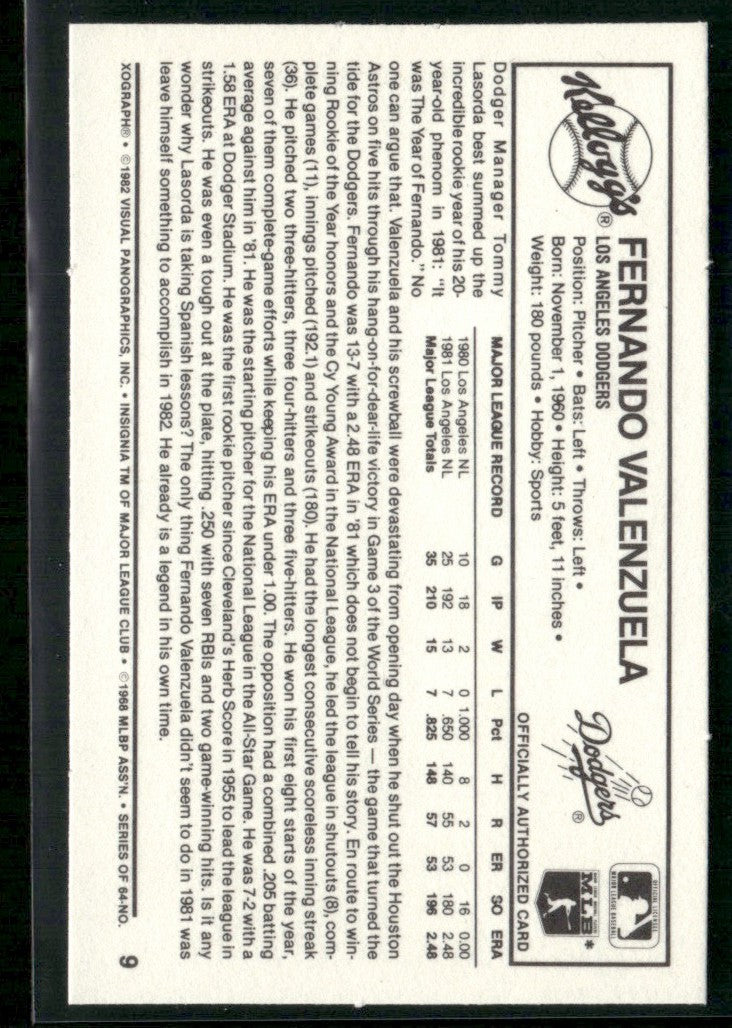 Fernando Valenzuela 1982 Kellogg's 3-D Super Stars #9 Los Angeles Dodgers