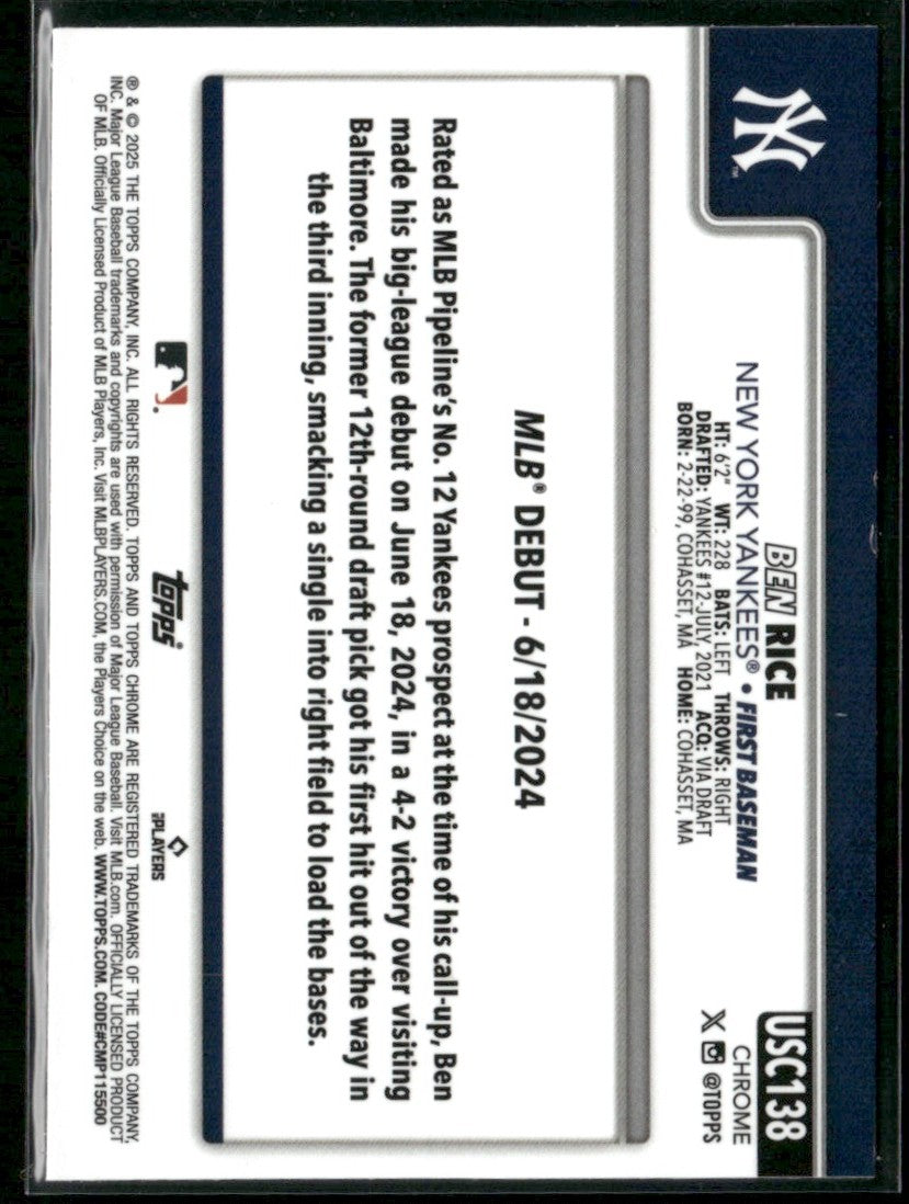 Ben Rice 2025 Topps Chrome Update RC #USC138 New York Yankees