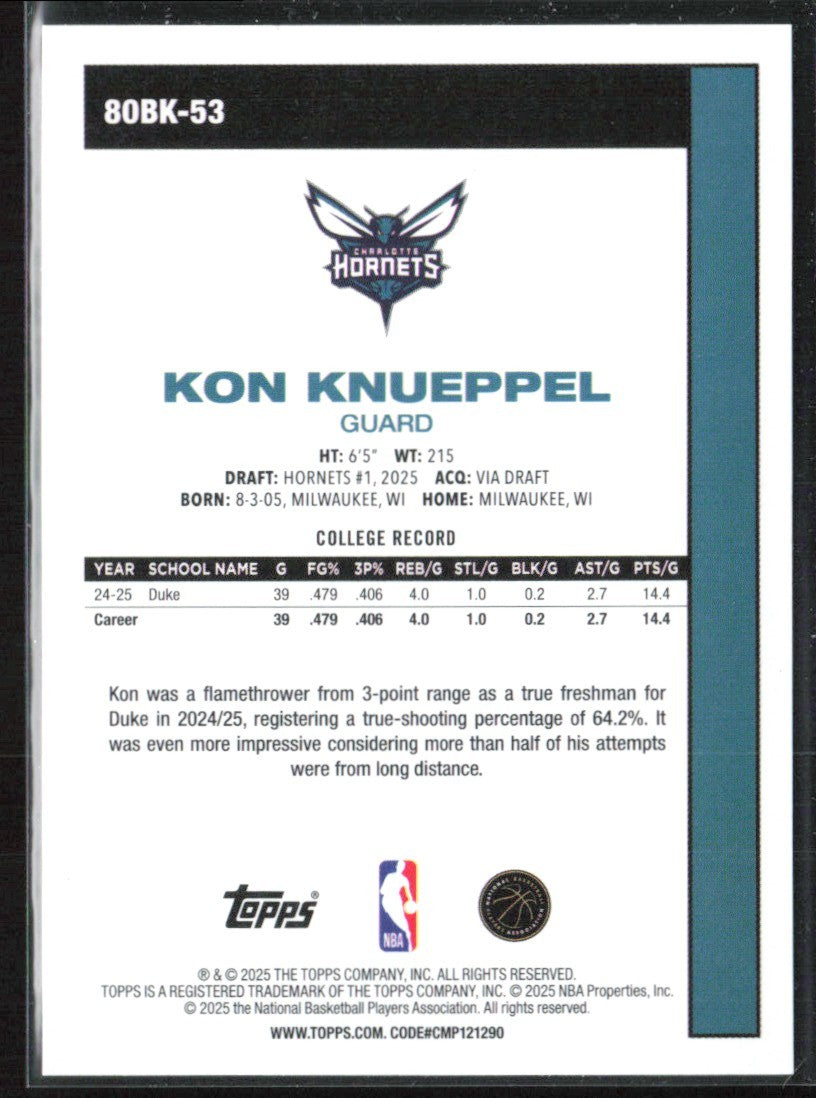 Kon Knueppel 2025 Topps 1980 RC #80BK-53 Charlotte Hornets