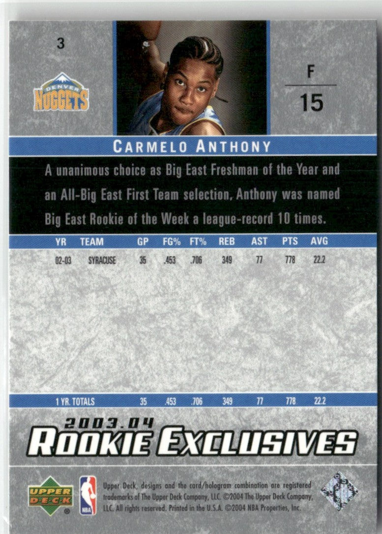 Carmelo Anthony 2003 Upper Deck Rookie Exclusives RC #3 Denver Nuggets