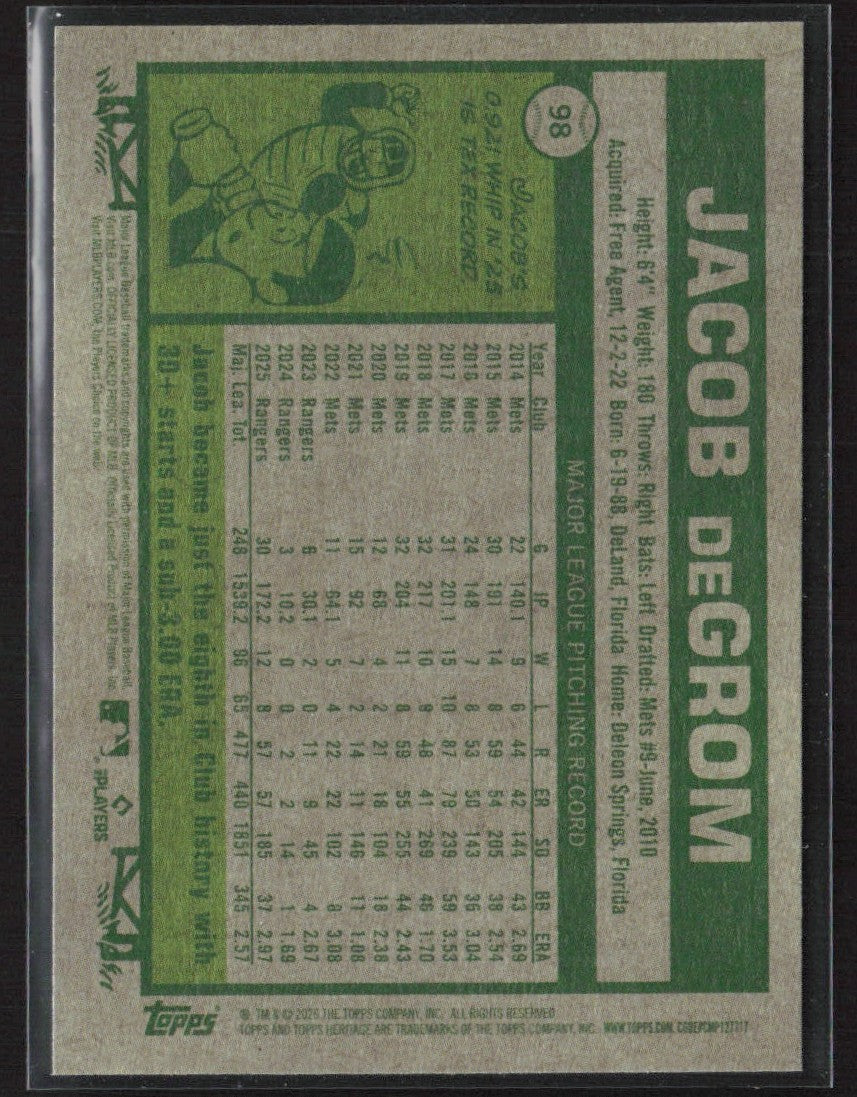 Jacob deGrom 2026 Topps Heritage Red Border #98 Texas Rangers