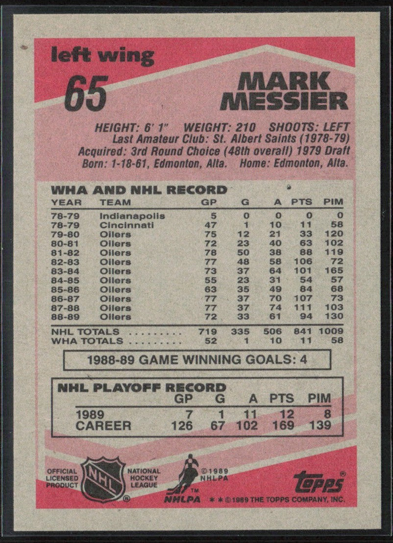 Mark Messier 1989 Topps #65 Edmonton Oilers