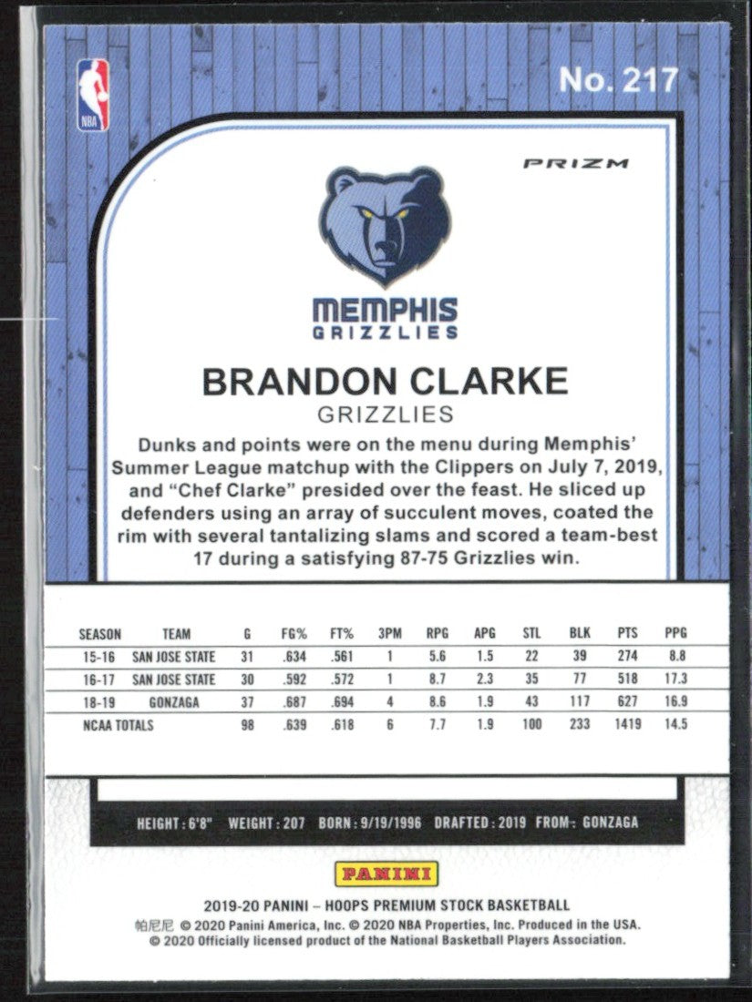 Brandon Clarke 2019 Hoops Premium Stock Flash Prizm RC #217 Memphis Grizzlies