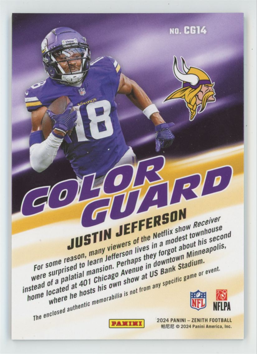 Justin Jefferson 2024 Panini Zenith Color Guard Jersey #CG14 Minnesota Vikings