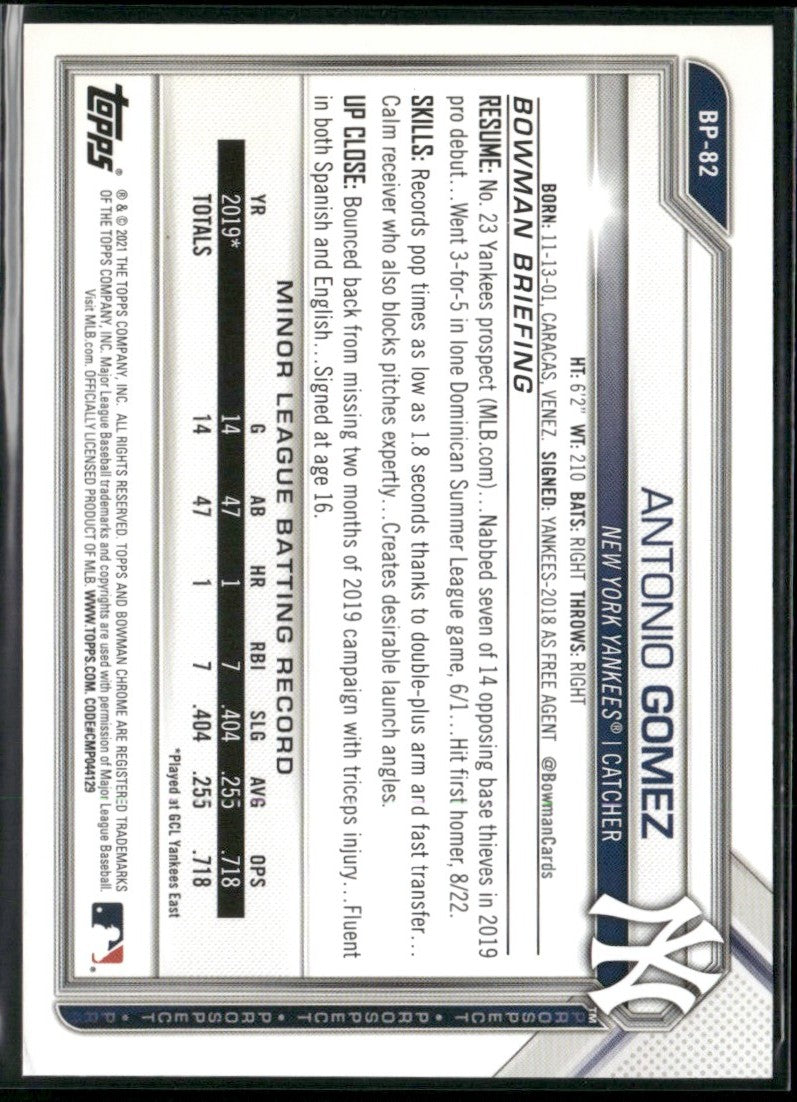 Antonio Gomez 2021 Bowman 1st Sky Blue /499 #BP-82 New York Yankees