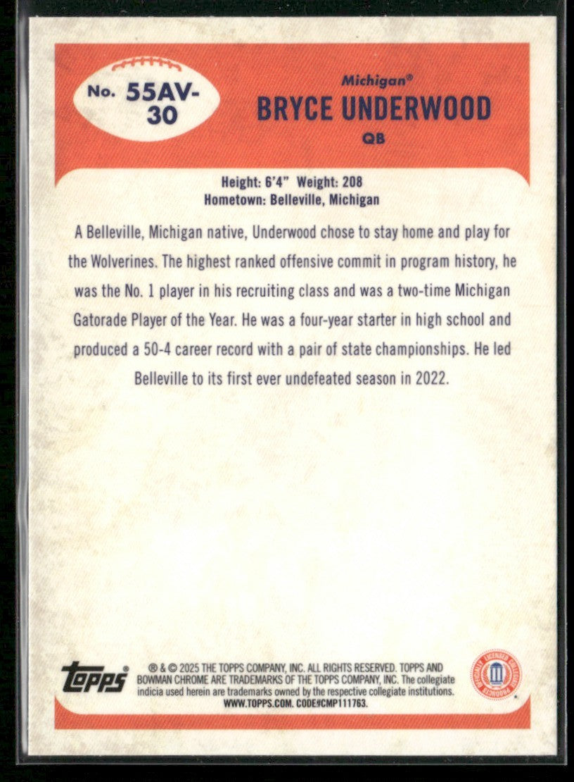Bryce Underwood 2025 Bowman U Chrome 1955 #55AV-30 Michigan Wolverines