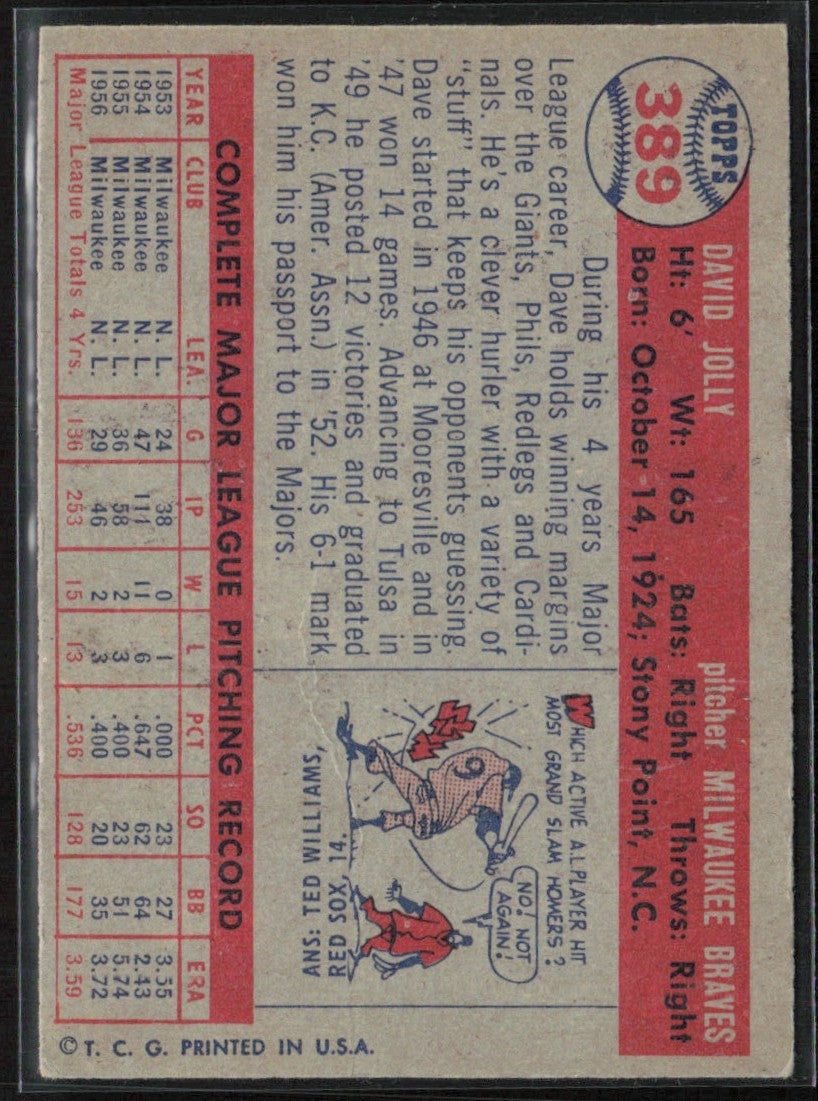 Dave Jolly 1957 Topps #389 Milwaukee Braves