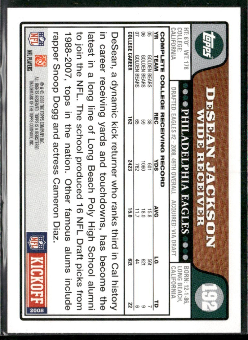 DeSean Jackson 2008 Topps Kickoff RC #192 Philadelphia Eagles