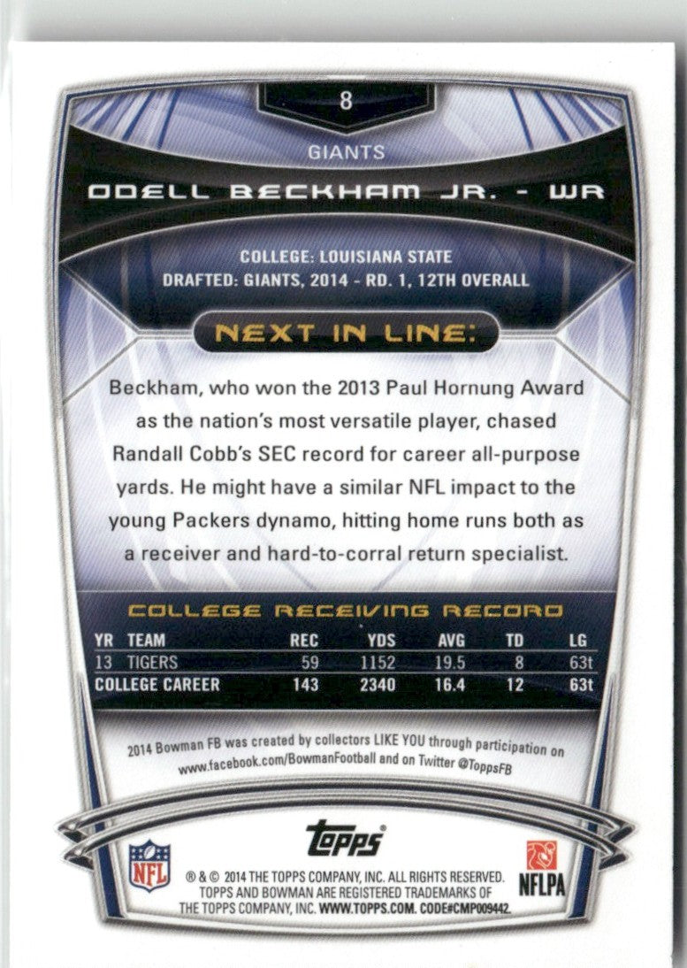 Odell Beckham Jr. 2014 Bowman Black RC #8 New York Giants