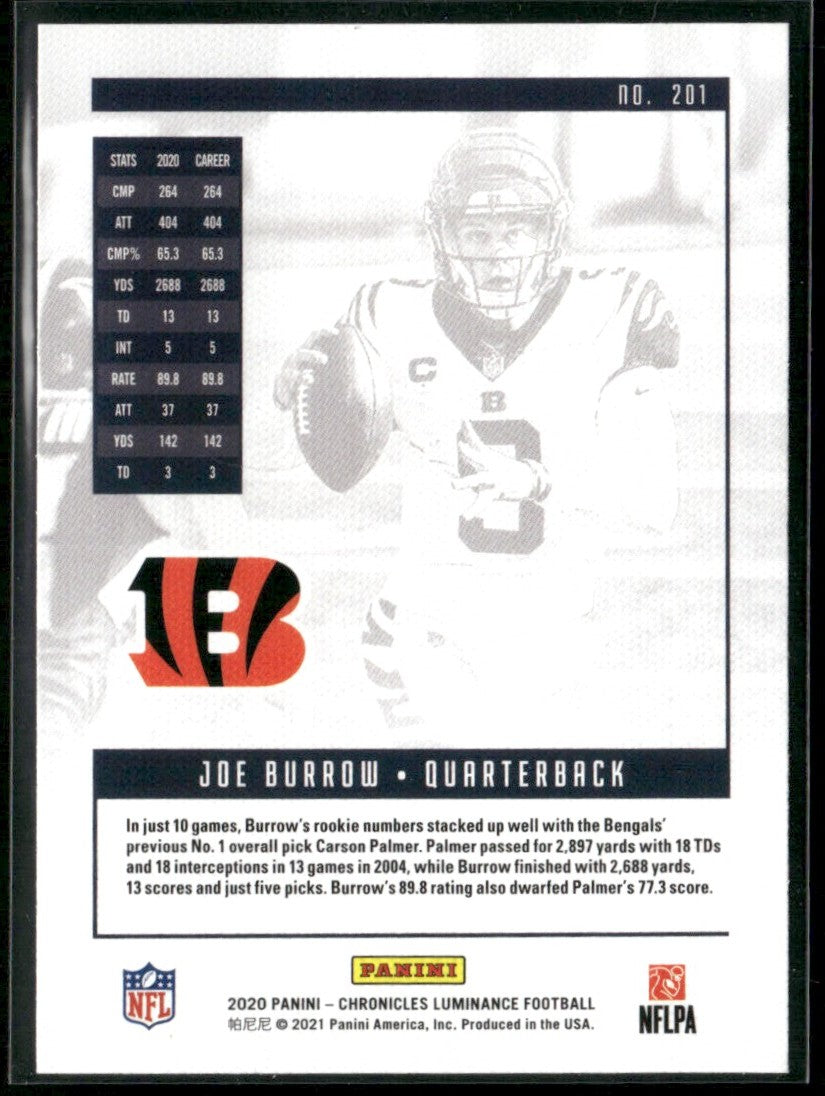 Joe Burrow 2020 Panini Chronicles Luminance RC #201 Cincinnati Bengals