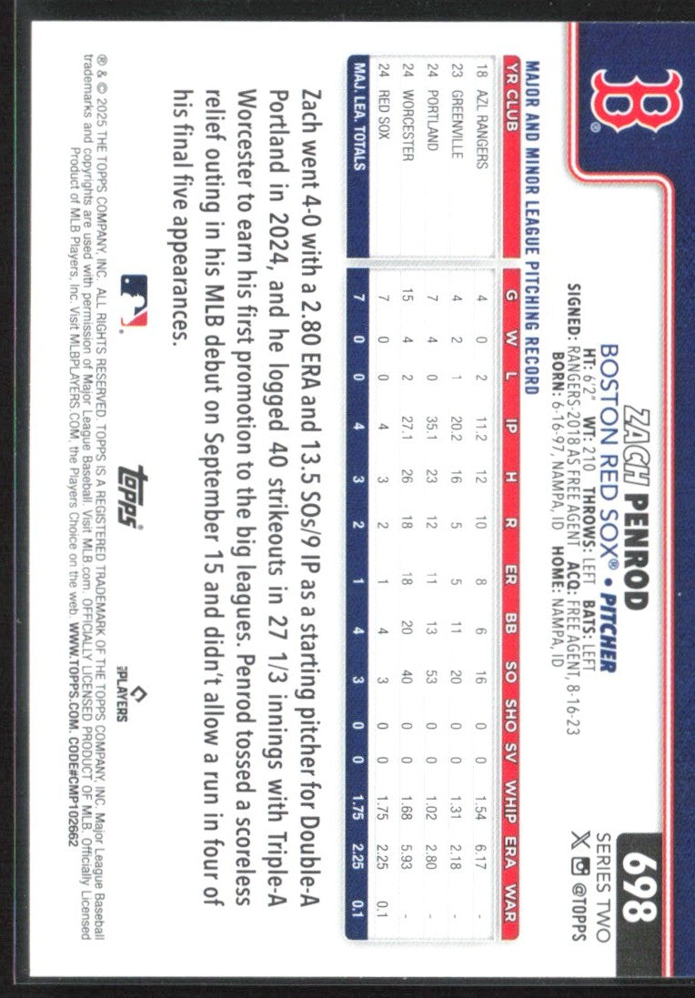 Zach Penrod 2025 Topps Holiday RC #698 Boston Red Sox