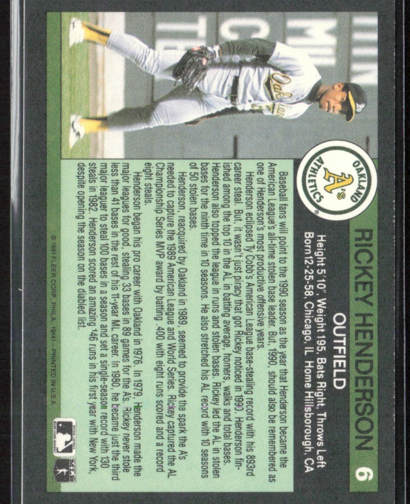 Rickey Henderson 1991 Fleer All-Star Team #6 Oakland Athletics