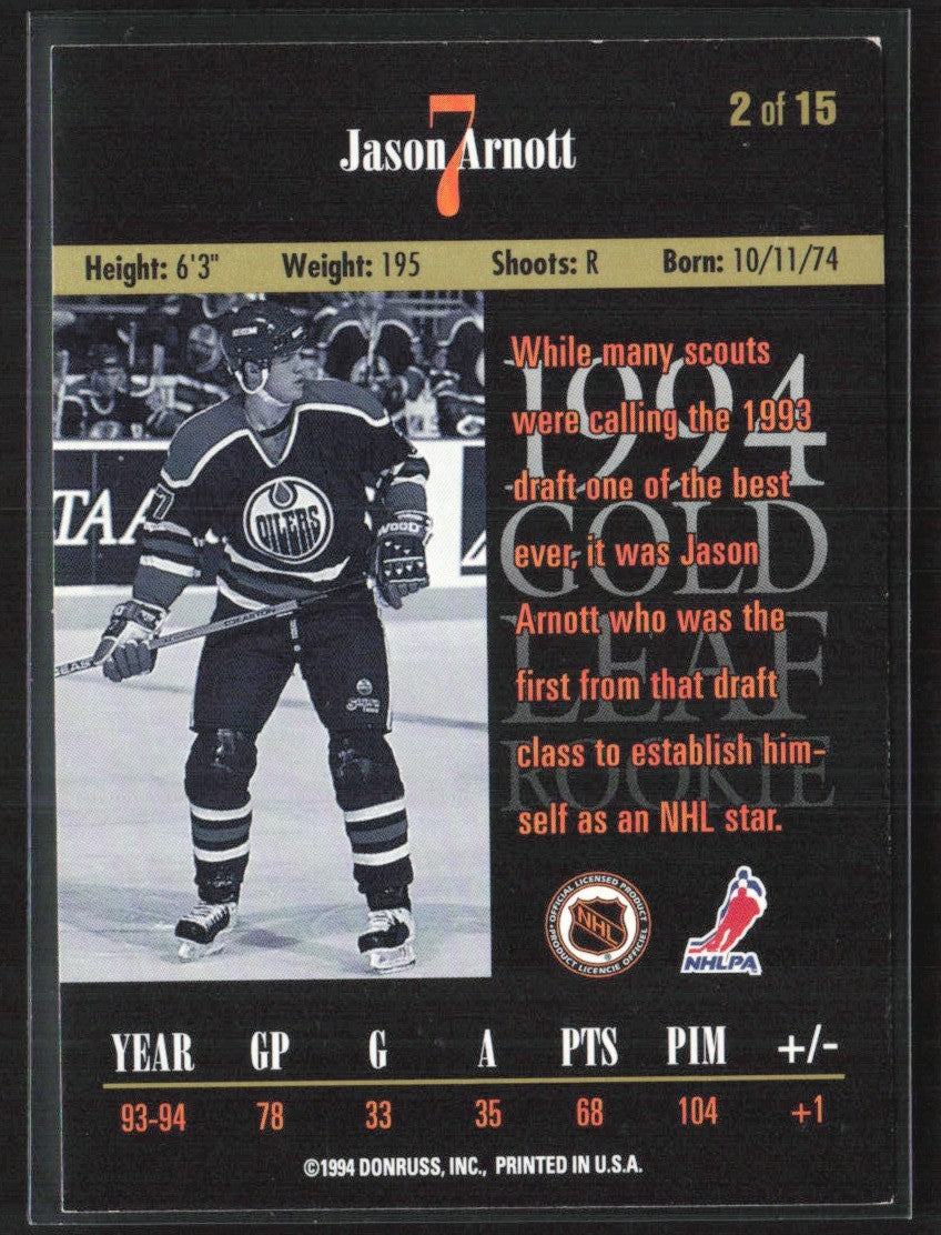 Jason Arnott 1994 Leaf Gold RC #2 Edmonton Oilers