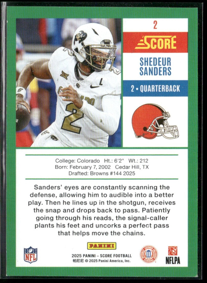 Shedeur Sanders 2025 Panini Score RC #2 Cleveland Browns