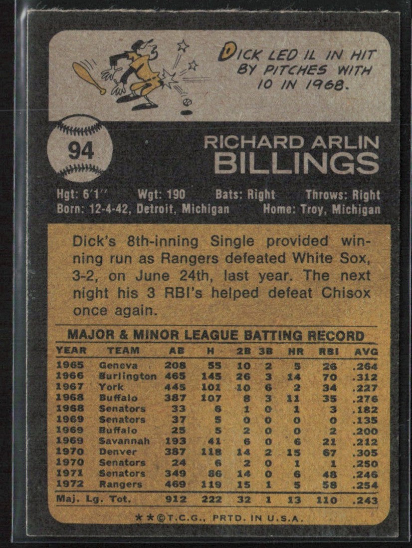 Dick Billings 1973 Topps #94 Texas Rangers